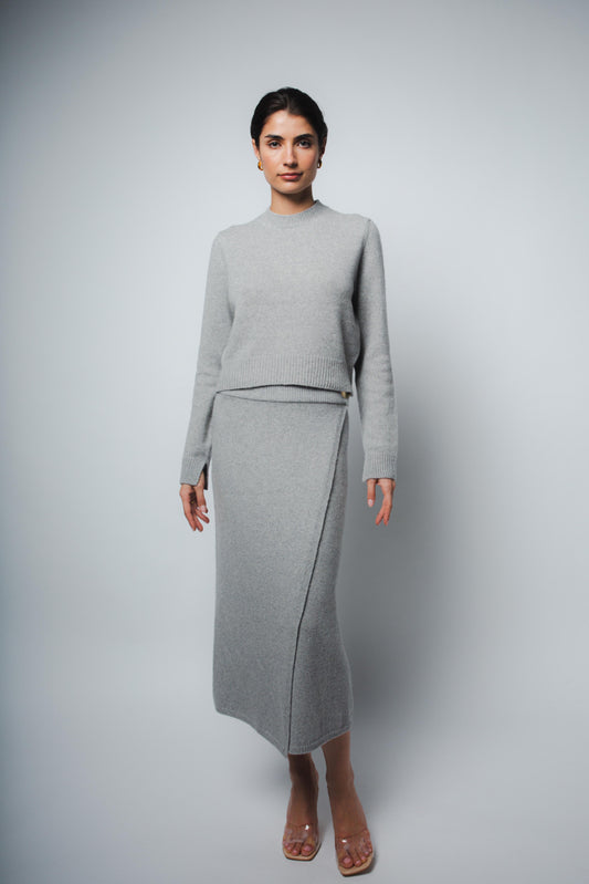 MILA CASHMERE WRAP SKIRT IN HEATHER GREY