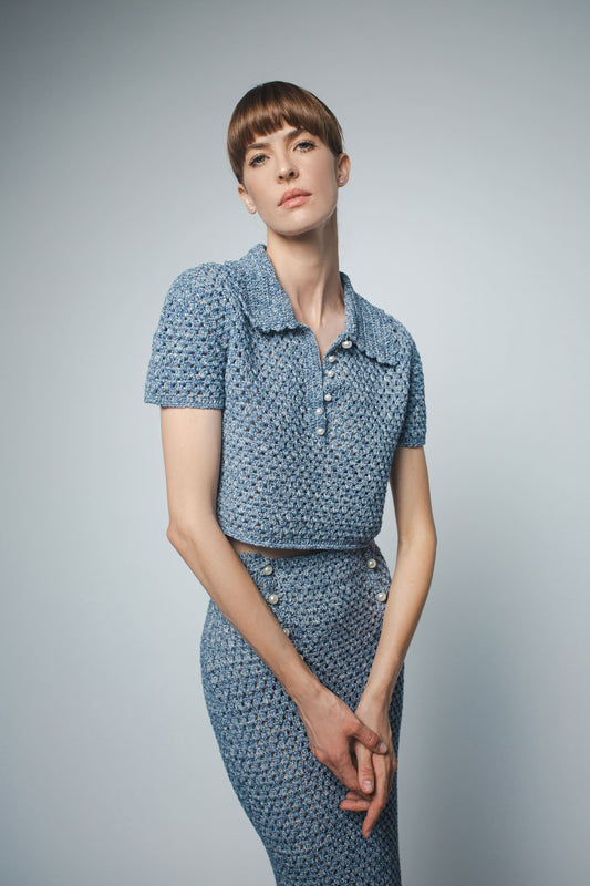MARGOT HAND CROCHET CROPPED POLO IN BLUE DENIM
