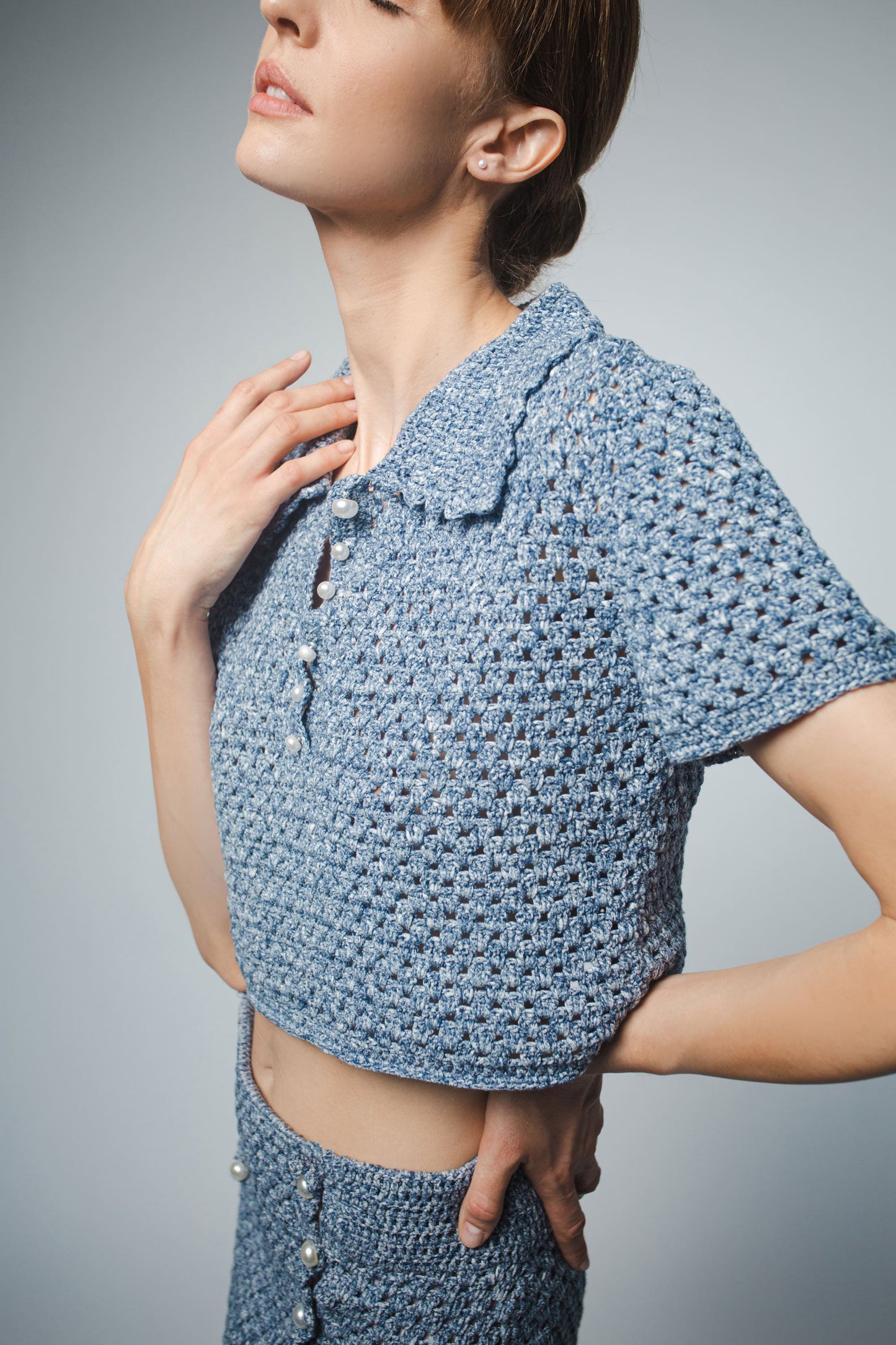 MARGOT HAND CROCHET CROPPED POLO IN BLUE DENIM
