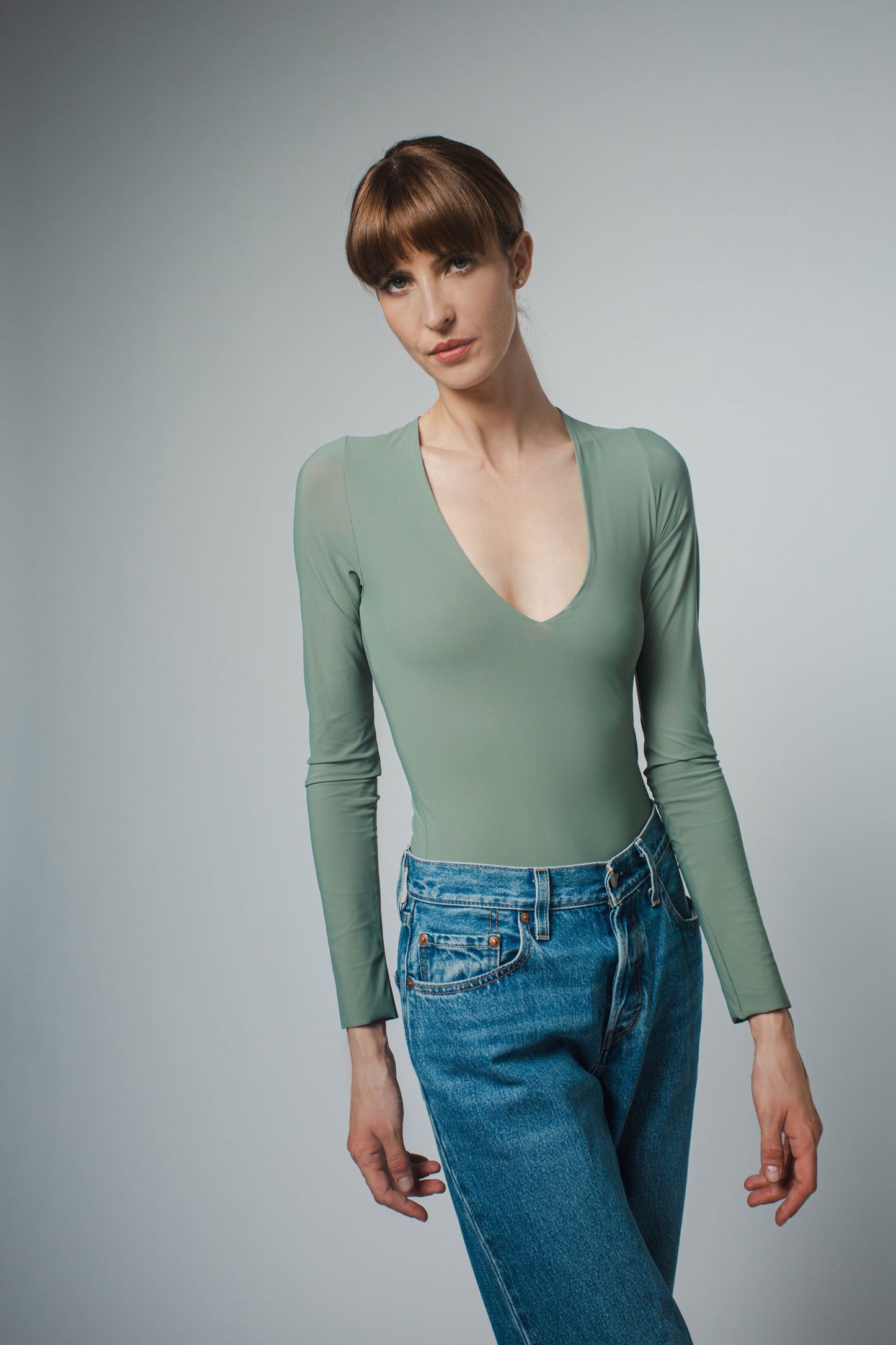 NOVA V-NECK BODYSUIT IN SAGE
