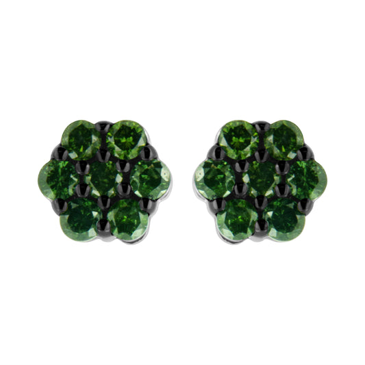 .925 Sterling Silver 1/2 Cttw Prong Set Round-Cut Treated Green Diamond Floral Cluster Stud Earring (Fancy Green Color, I1-I2 Clarity)