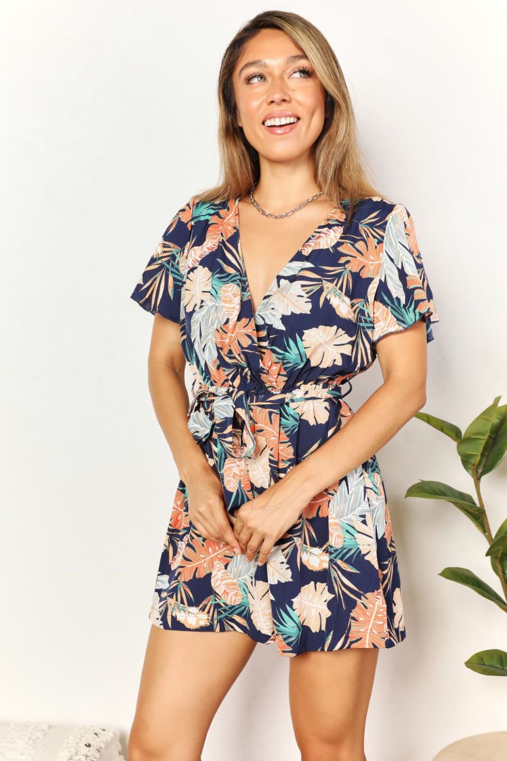 Botanical Print Surplice Neck Tie Waist Romper Double Take