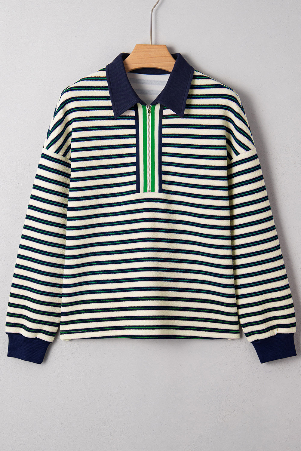 Dark Green Striped Long Sleeve Top Zip V Neck Contrast Collar