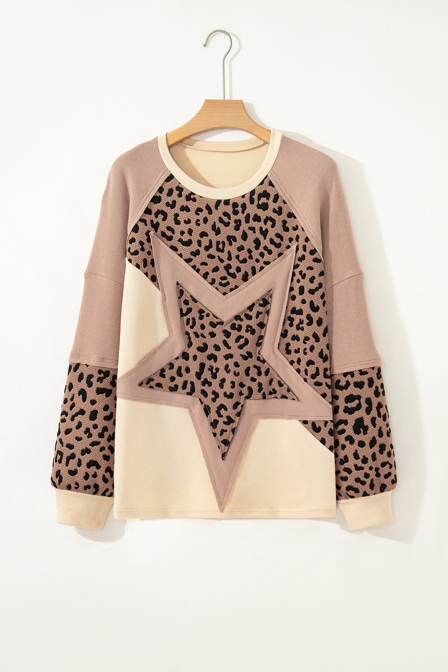 Light French Beige Leopard Star Color Block Patchwork Baggy Sweatshirt