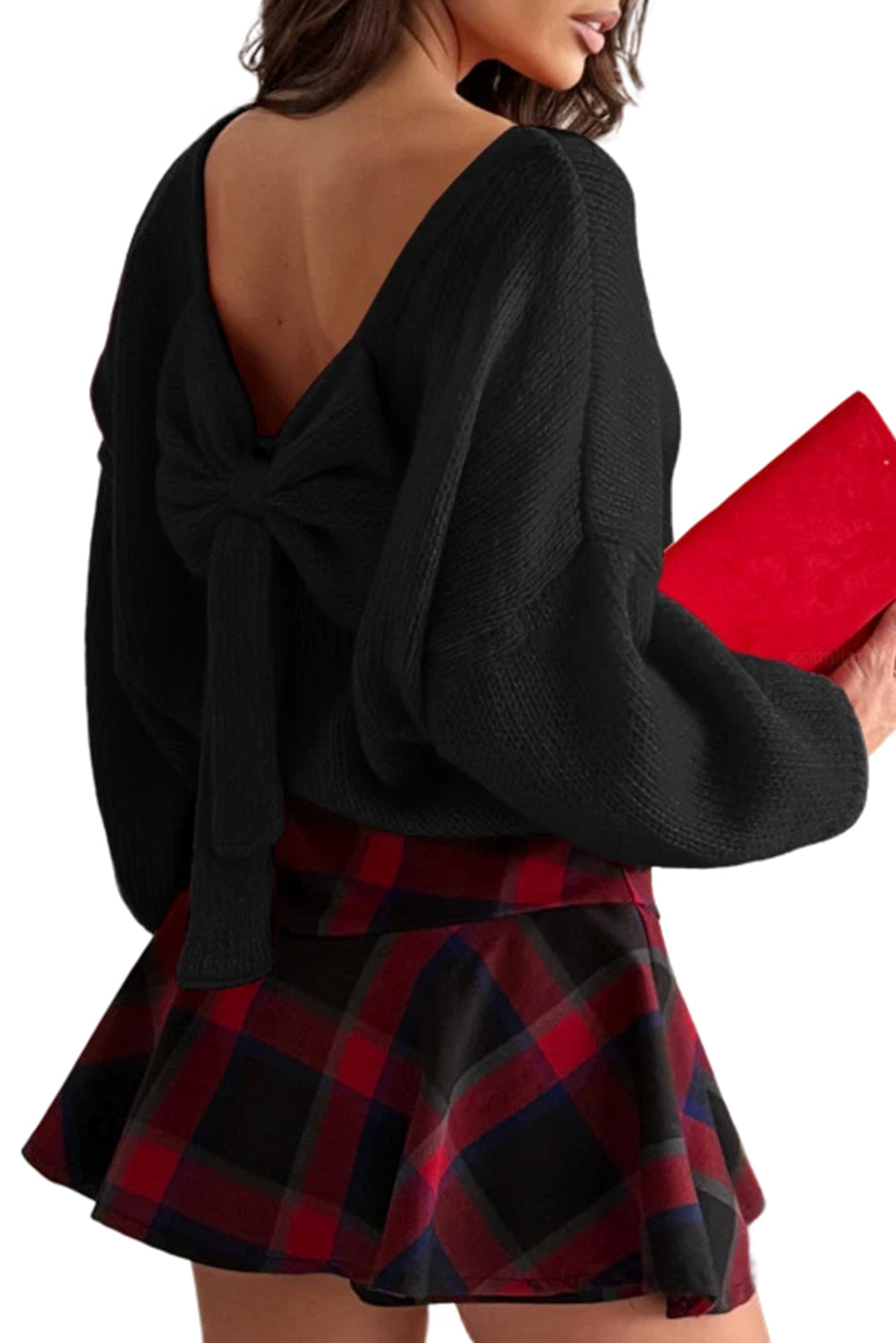 Black Bow Backless Bubble Sleeve Sweater