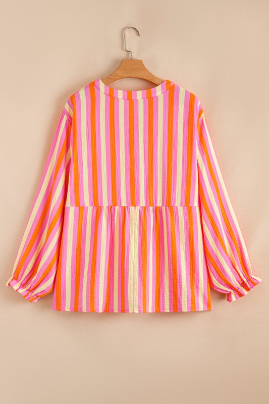 Plus Size Crinkled Half-Button Blouse Stripe