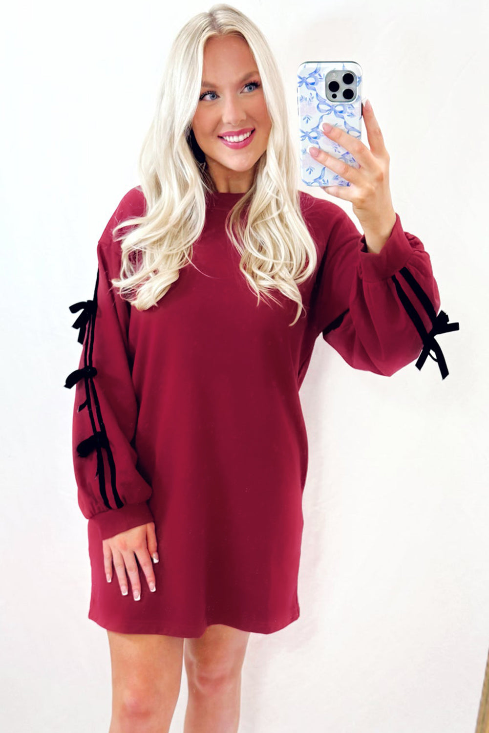 Racing Red Contrast Striped Bow Detail Sweatshirt Dress with Pockets