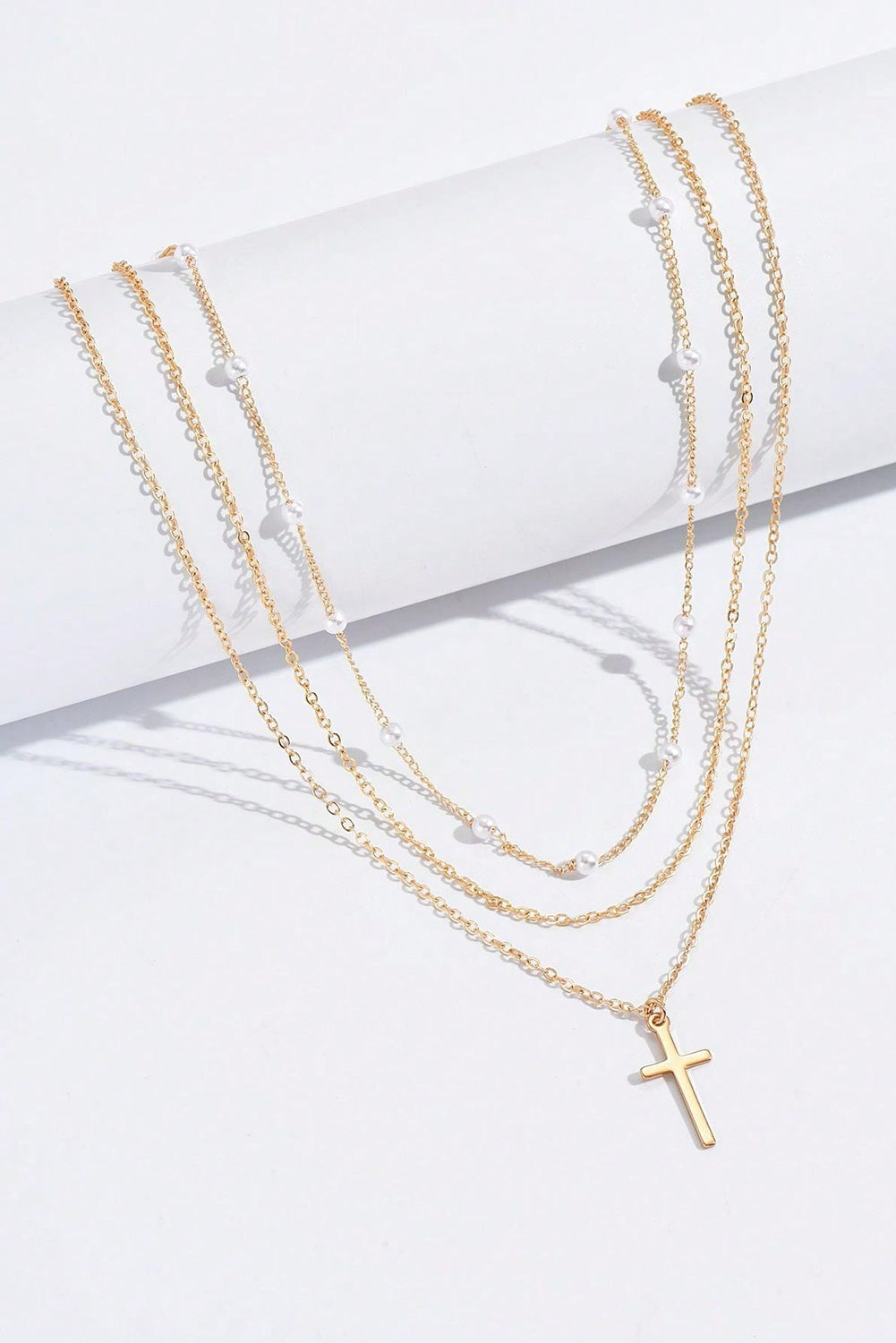 Gold Plated Pearl Decor Cross Pendant Triple Layer Chain Necklace