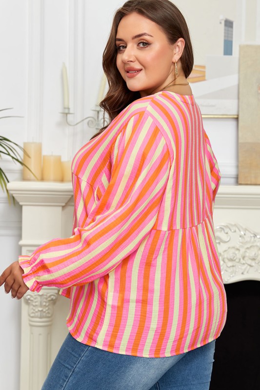 Plus Size Crinkled Half-Button Blouse Stripe