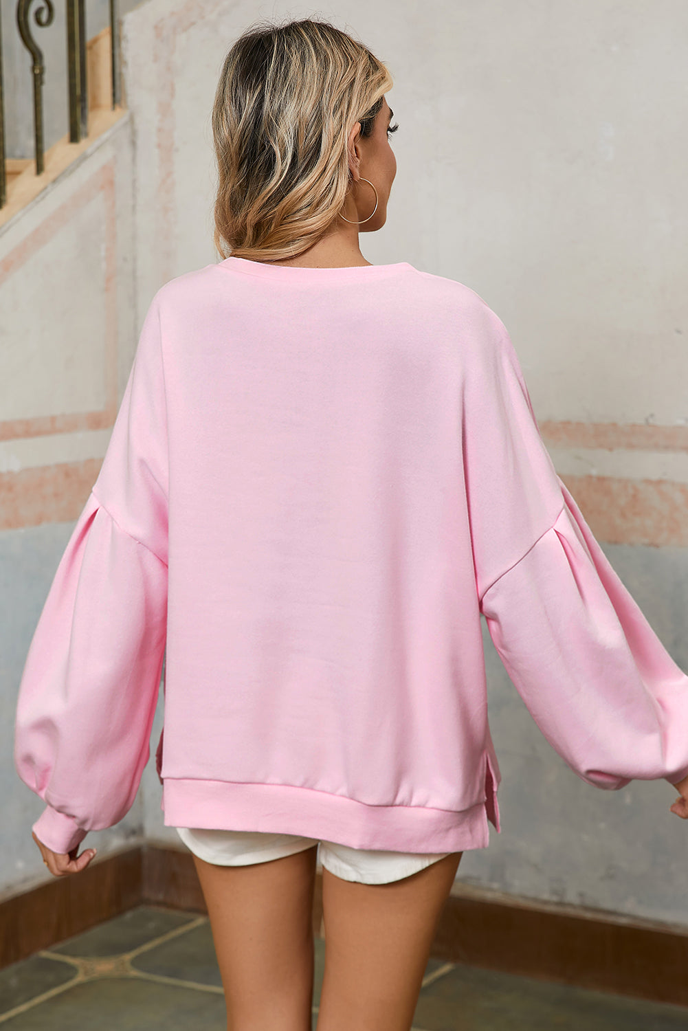 Light Pink Lantern Sleeve Oversized Pullover Sweatshirt