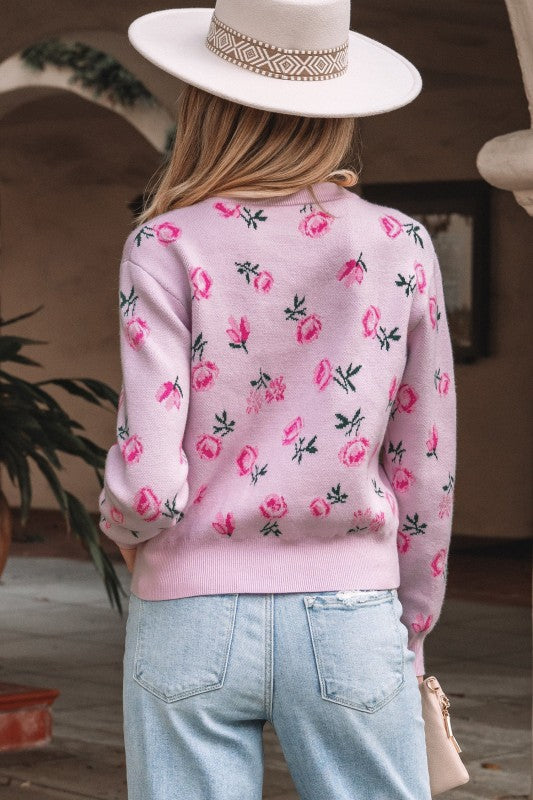 Floral Drop Shoulder Cropped Sweater Relaxed Fit Sweater