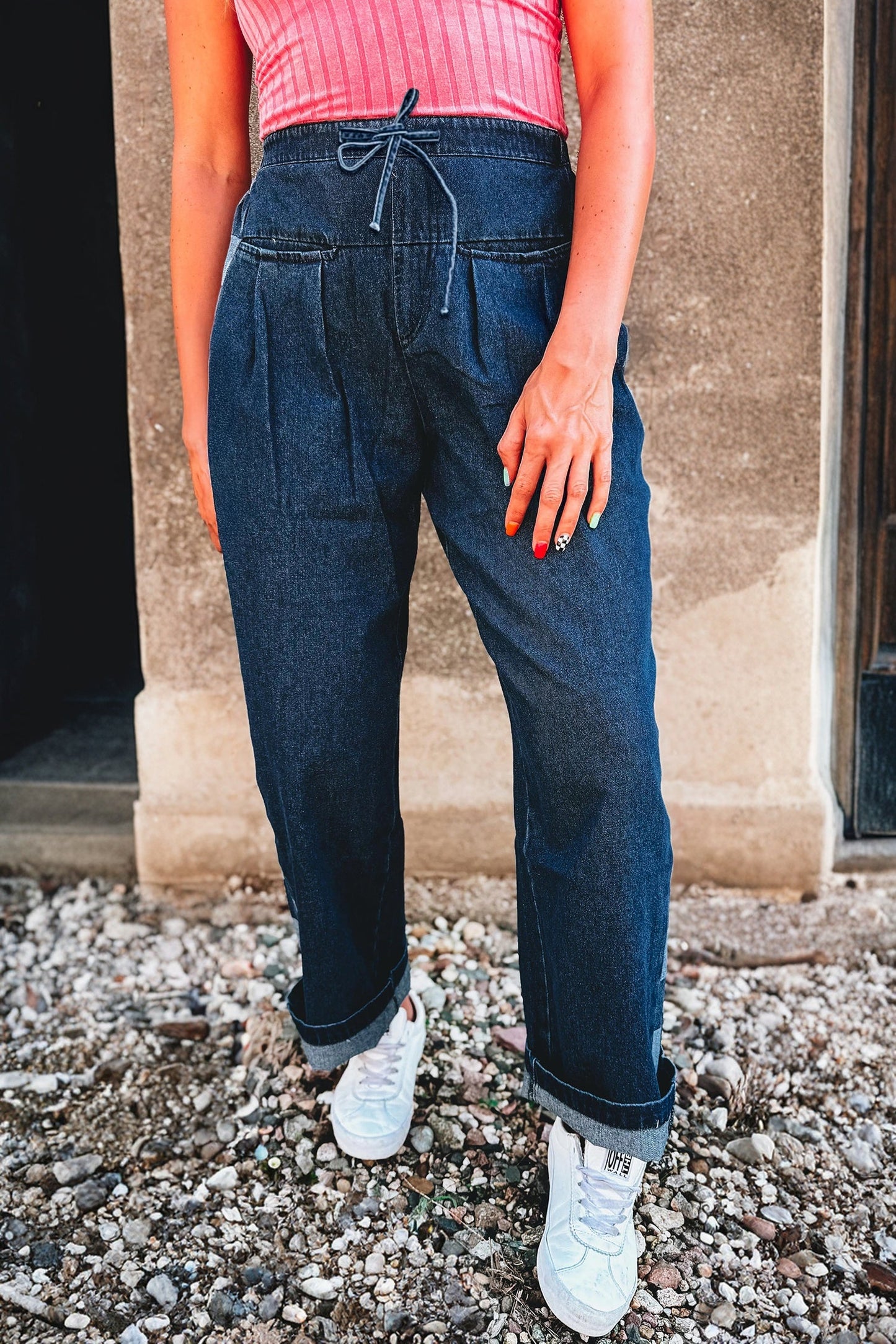Blue Checkered Side Panel Patchwork Drawstring Loose Denim Pants