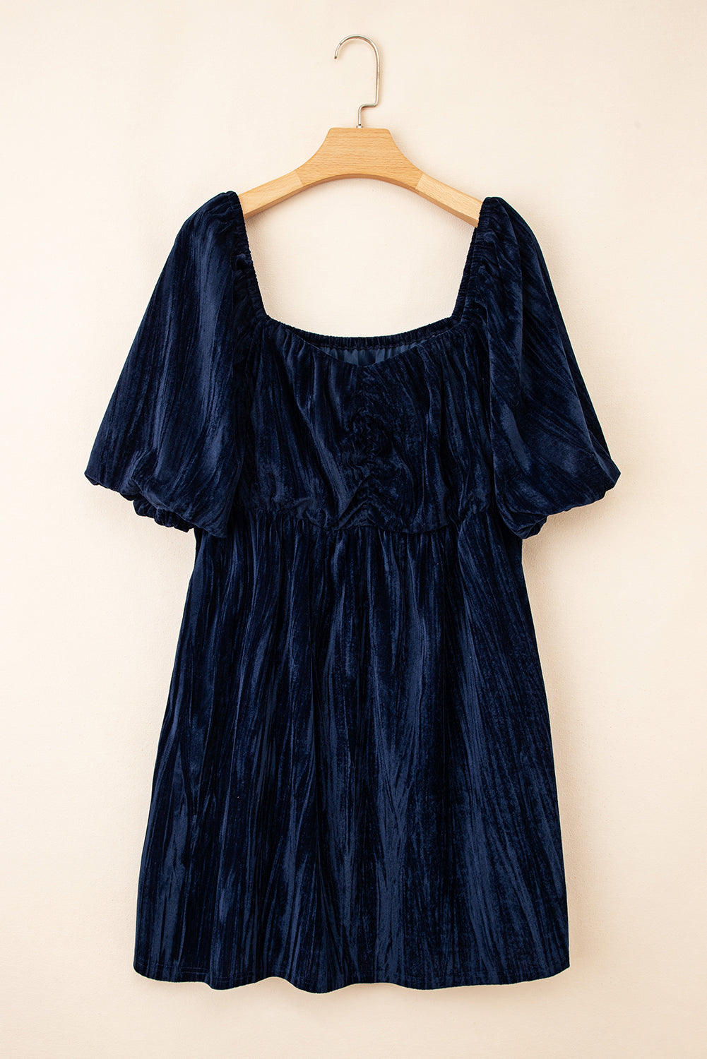 Navy Blue Velvet Ruched Bust Plus Dress with Square Neck and Short Puff Sleeve