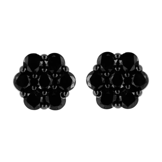 .925 Sterling Silver 1.0 Cttw Prong Set Round-Cut Treated Black Diamond Floral Cluster Stud Earring (Fancy Black Color, I1-I2 Clarity)