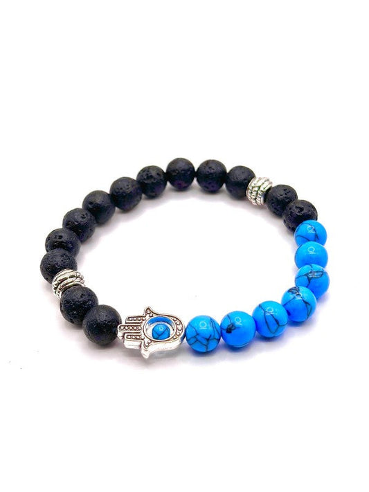 Hamsa Black Lava & Blue Howlite Beaded Bracelet The Diamond Empire LLC