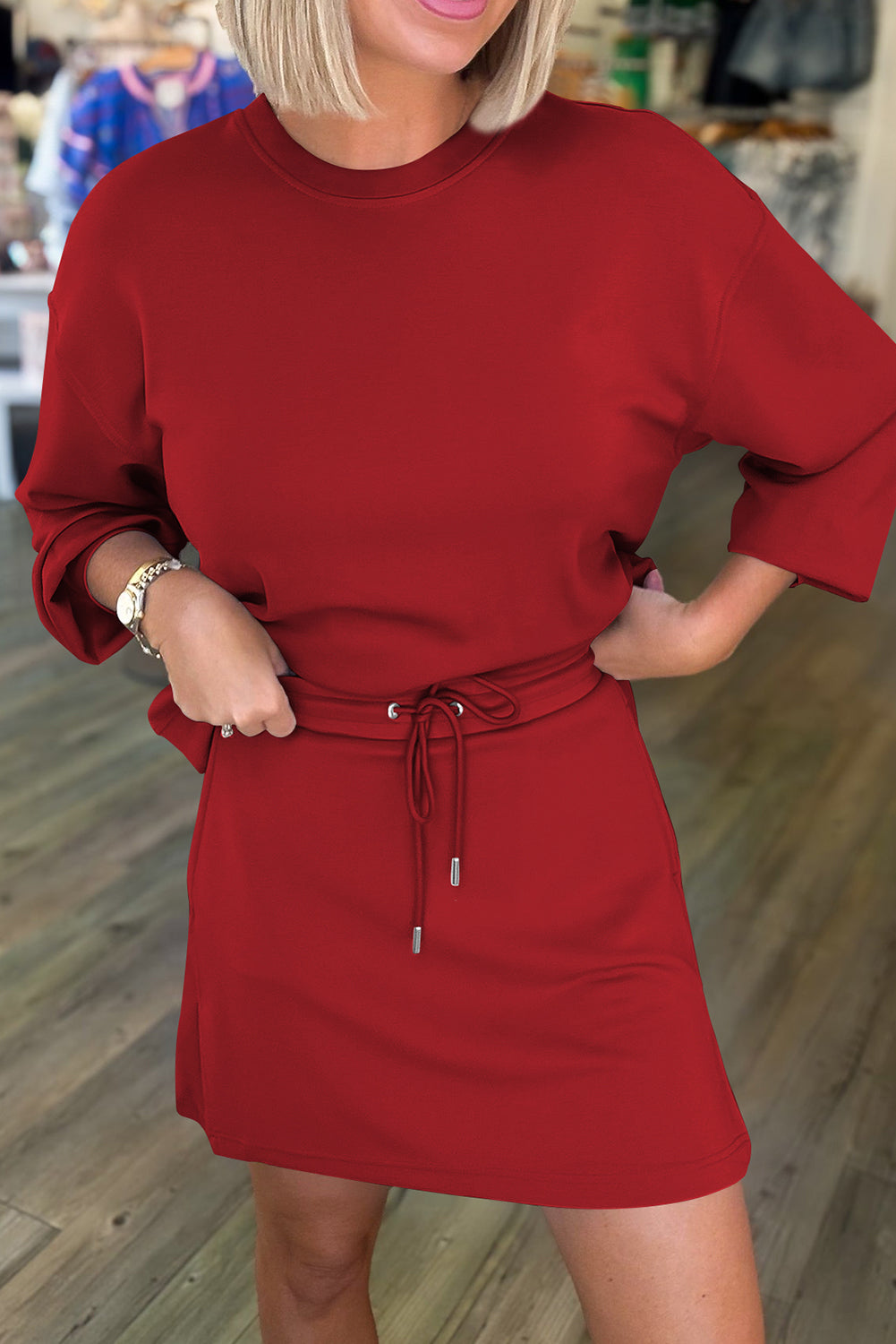 Coffee Solid Color Drop Shoulder Pullover Mini Skirt Set