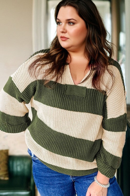Plus Size Stripe Colorblock Notched Neck Sweater