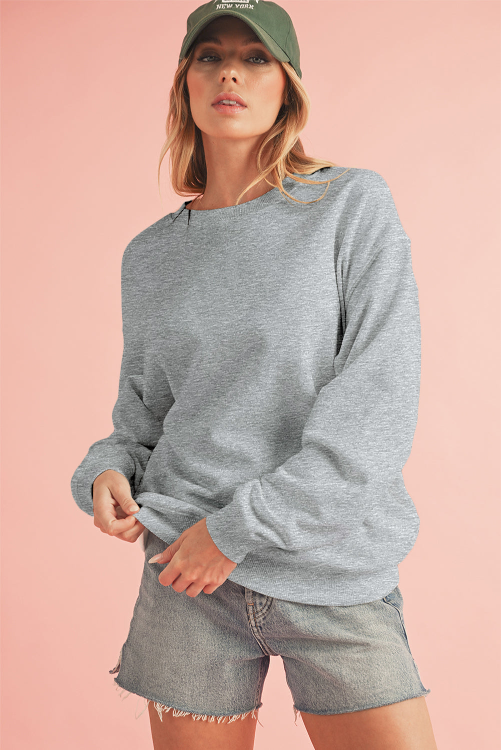 Light Grey Solid Loose Crew Neck Fleece Sweatshirt