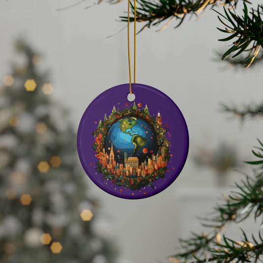 Earth in Christmas decorations and a big Christmas tree, Purple Ceramic Ornaments (1pc, 3pcs, 5pcs, 10pcs)