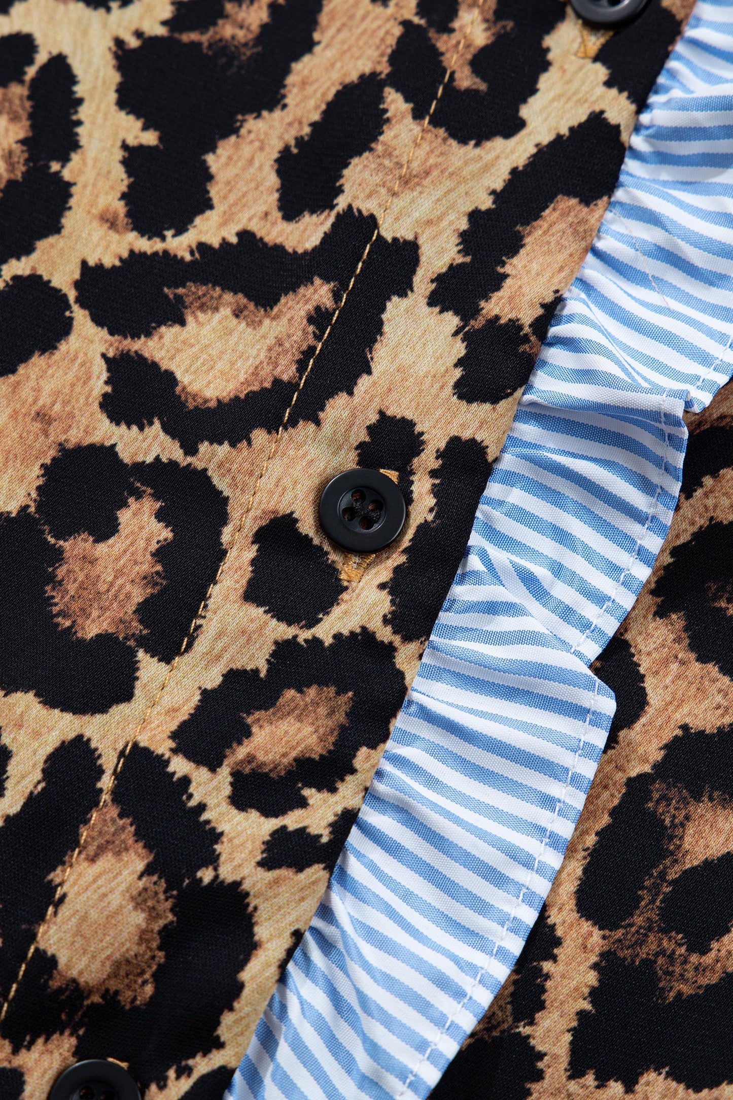 Brown Wild Leopard Print Contrast Striped Frilled Trim Shirt