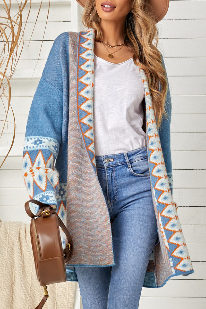 Geometric Open Front Long Sleeve Cardigan Basic Style
