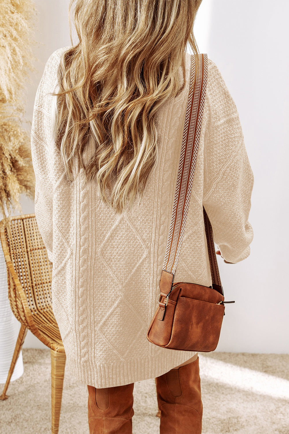 Parchment Twist Cable Knit Loose Fit Sweater Dress