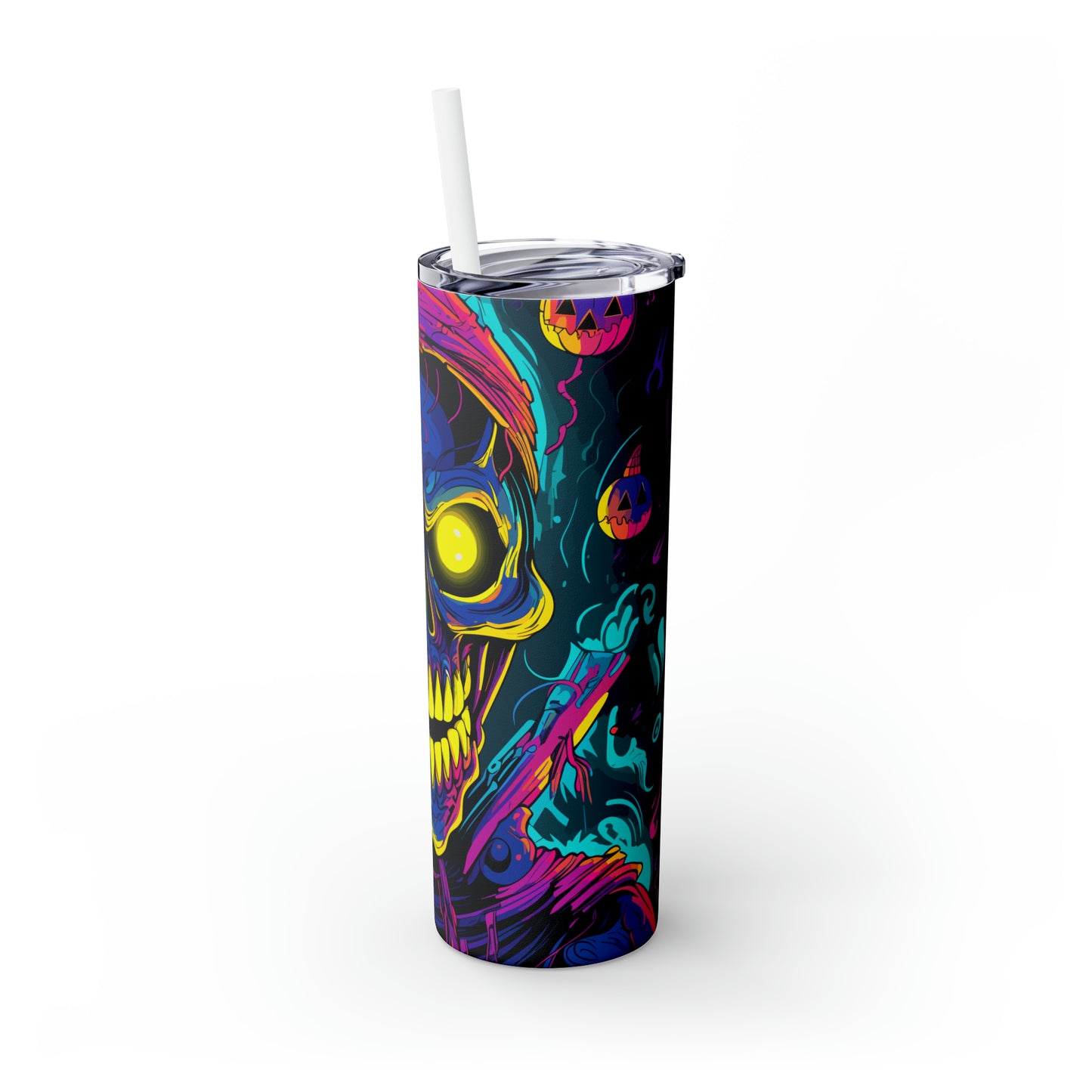 Halloween Skinny Tumbler with Straw 20oz - Spooky Drinkware, Skeleton Theme, BPA-Free, Reusable Cup, Halloween Tumbler, Halloween Gift