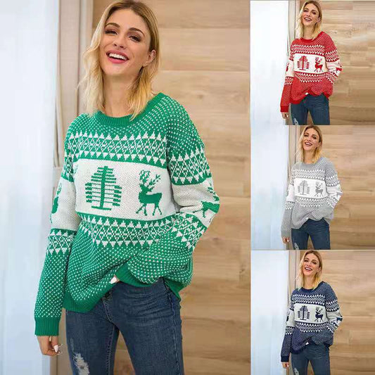 Christmas Sweater Elk Geometric Print Knitted Pullover Women Winter Tops
