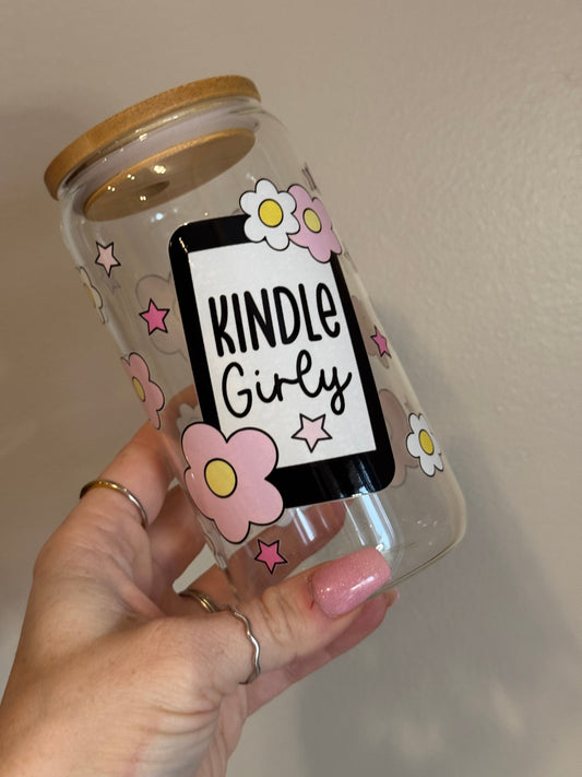Kindle Girly Glass Cup Soft Pink Daisies Bamboo Lid