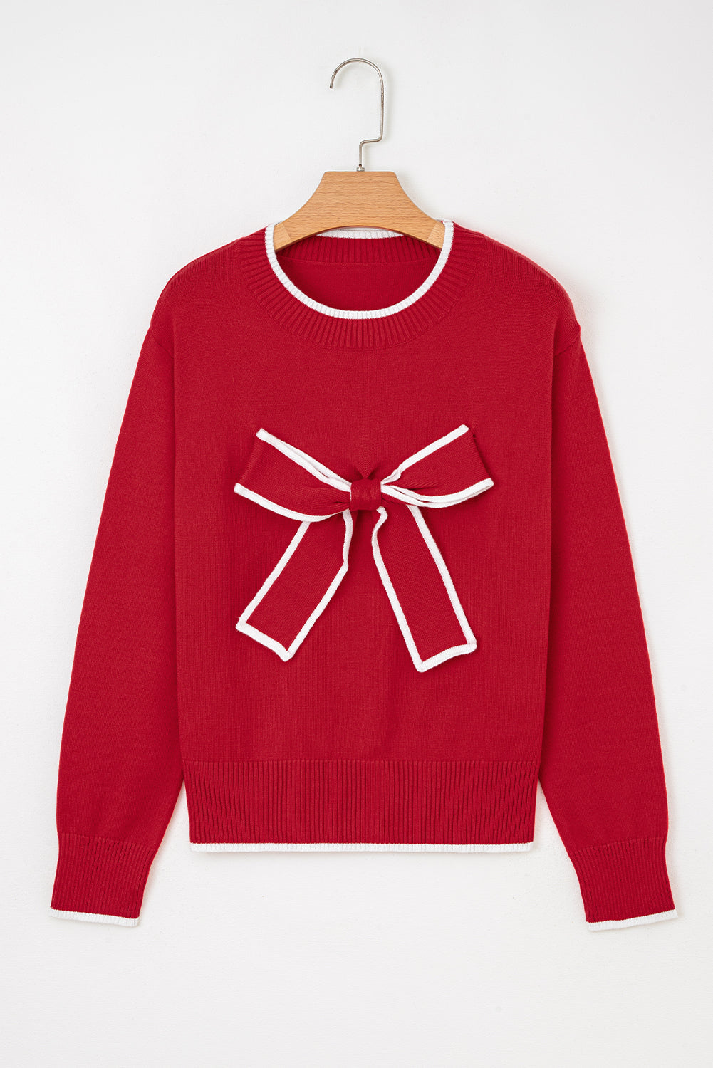 Fiery Red Contrast Trim Holiday Cropped Sweater with Big Bow Accent
