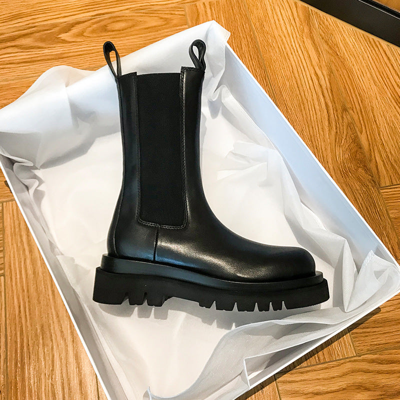 British-Style Mid-Calf Thick-Soled Leather Boots Women’s