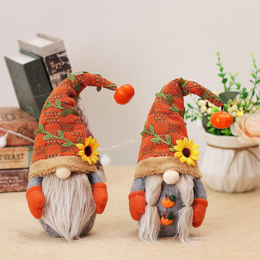 Pumpkin Sunflower Faceless Doll Decoration 11x9x36cm Thanksgiving Harvest Festival
