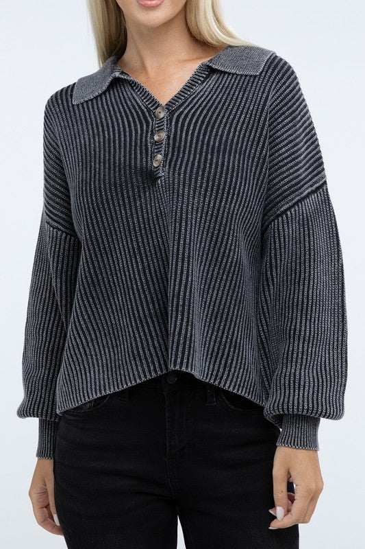 Washed Collared Henley Sweater Low Gauge Heavyweight Sweater