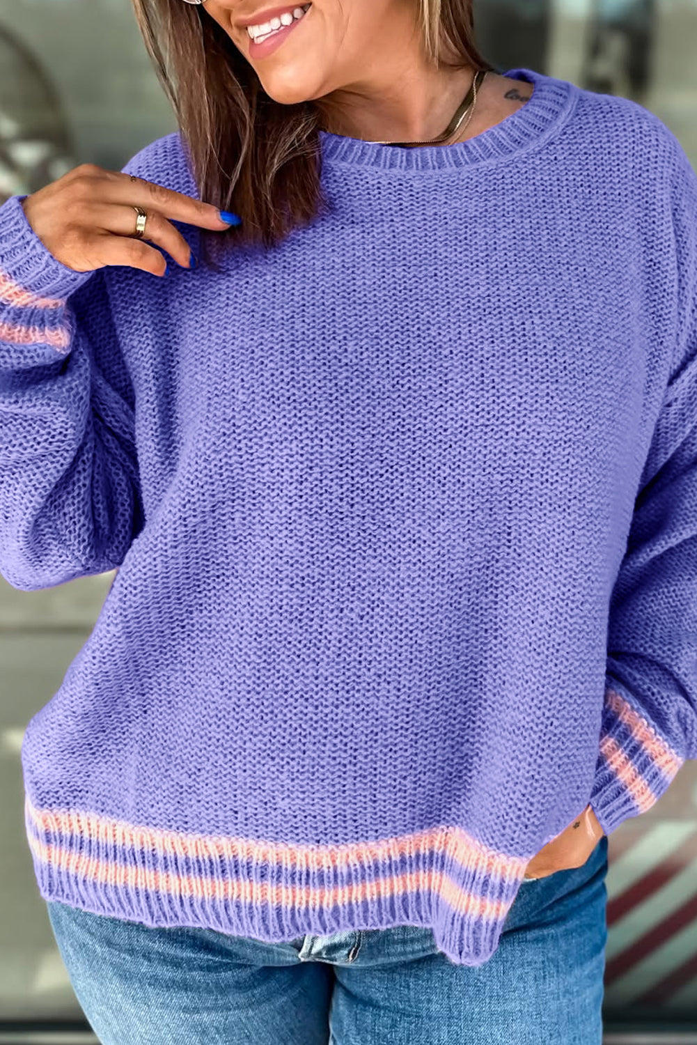 Plus Size Striped Trim Drop Shoulder Knit Loose Sweater Wisteria