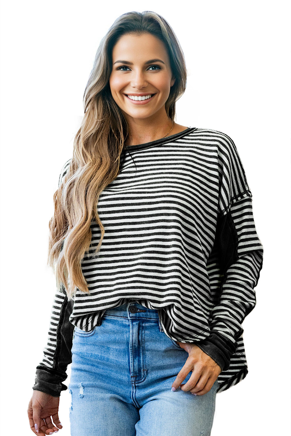 Khaki Stripe Thermal Knit Casual Top Drop Shoulder