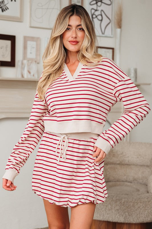 Striped Cropped Pullover and Bubble Mini Skirt Set