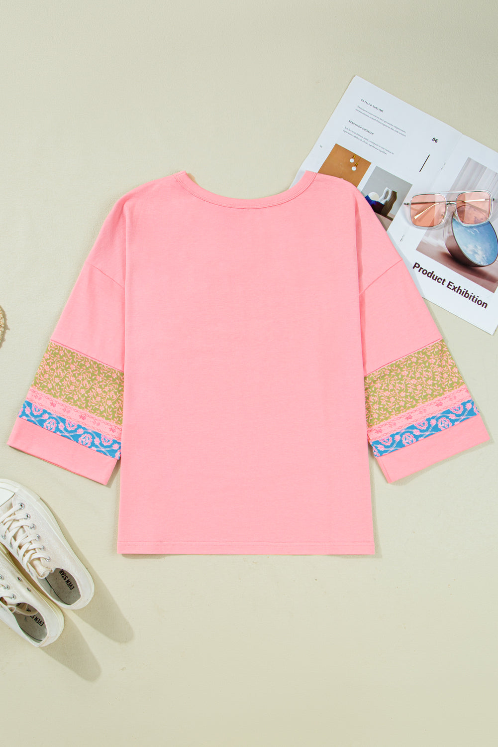 Pink Floral Color Block Patchwork Long Sleeve Top Gossamer