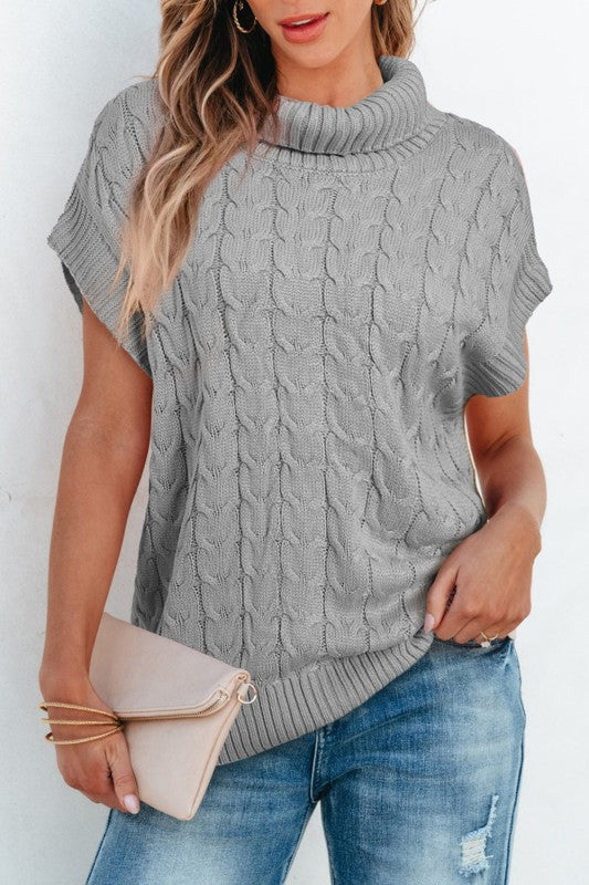 Cable Knit Turtleneck Batwing Short Sleeve Sweater