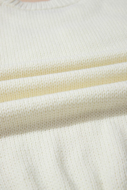 Floral Textured Puff Sleeve Round Neck Sweater