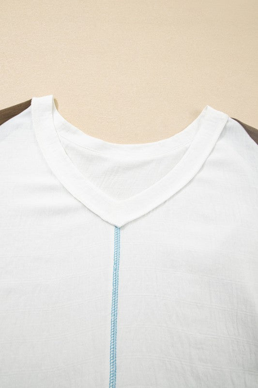 Plus Size Colorblock Lace Balloon Sleeve Top