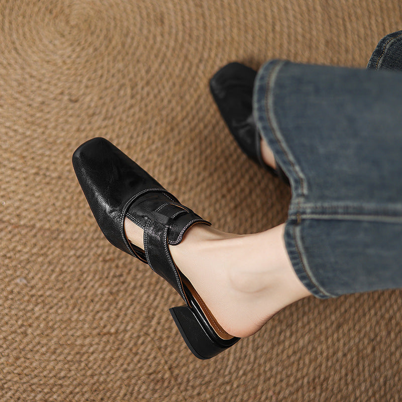 Retro Apricot Closed Toe Half Slippers Genuine Leather
