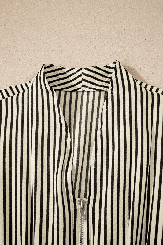 Stripe V-Neck Zip Front Midi Dress