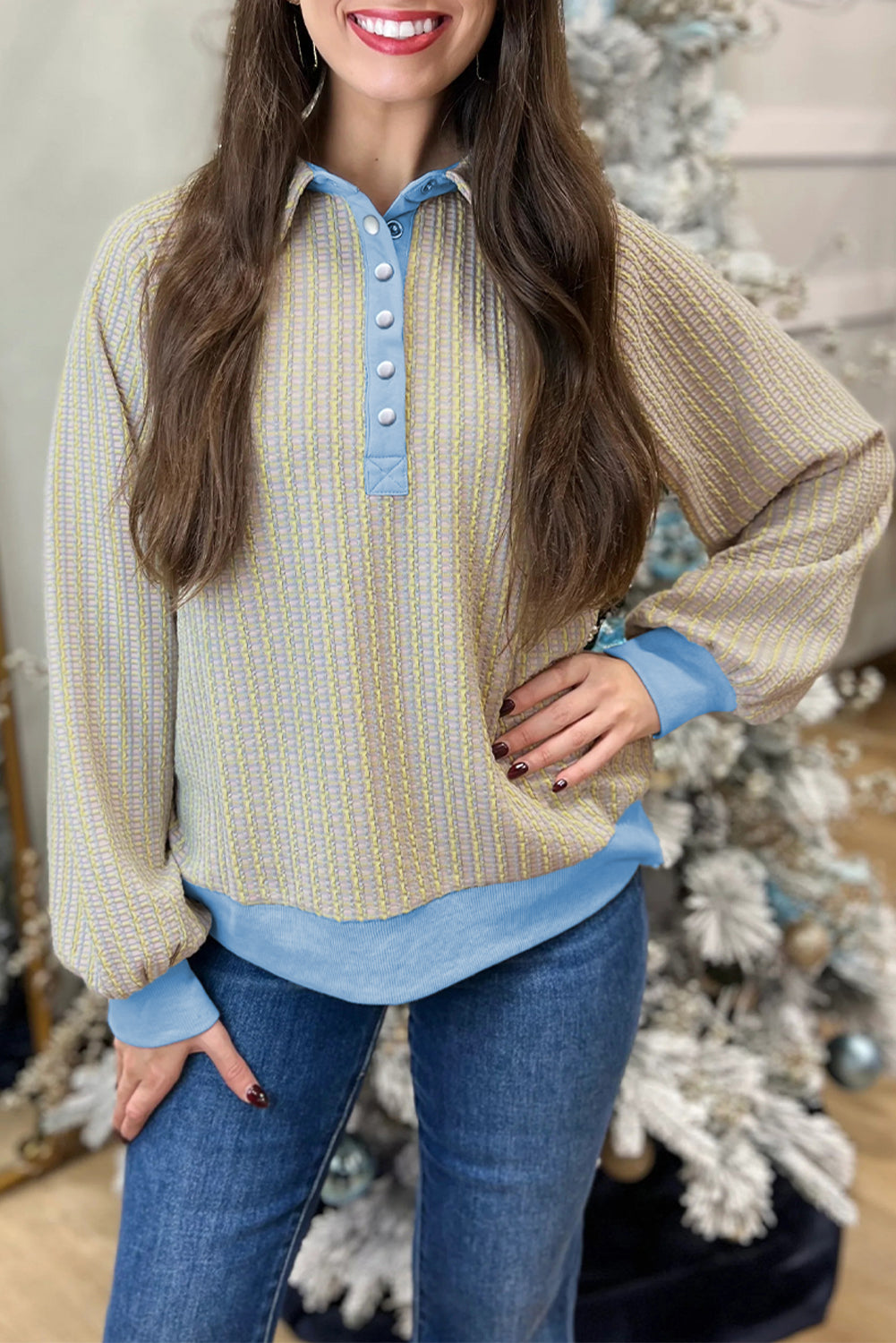 Jacquard Button Front Henley Sweatshirt Medium Elasticity Beau Blue