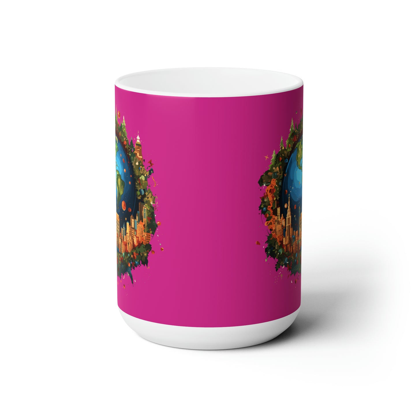 Earth in Christmas decorations and a big Christmas tree, Pink Ceramic Mug 15oz