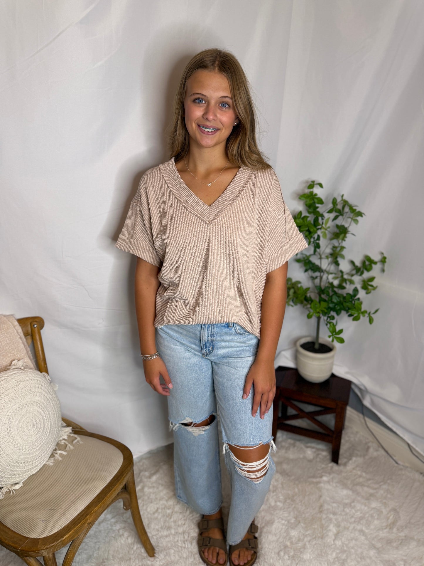Two Tone Ribbed Knit Top Casual Comfy Short Sleeve