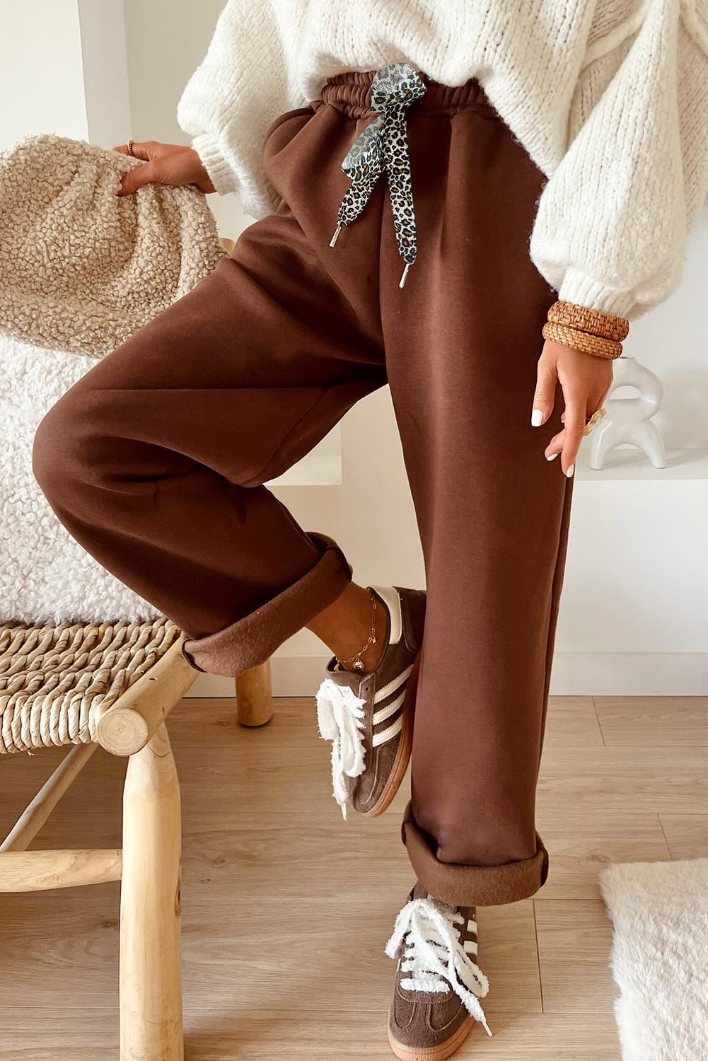 Coffee Fleece Lined Leopard Drawstring Elastic Waist Solid Pants