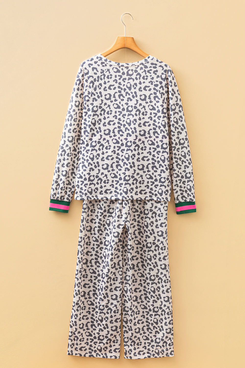 Gray Leopard Pattern Long Sleeve Top and Drawstring Pants Set