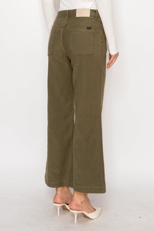 High Rise Crop Olive Color Wash Palazzo Jeans AT2113PZOV