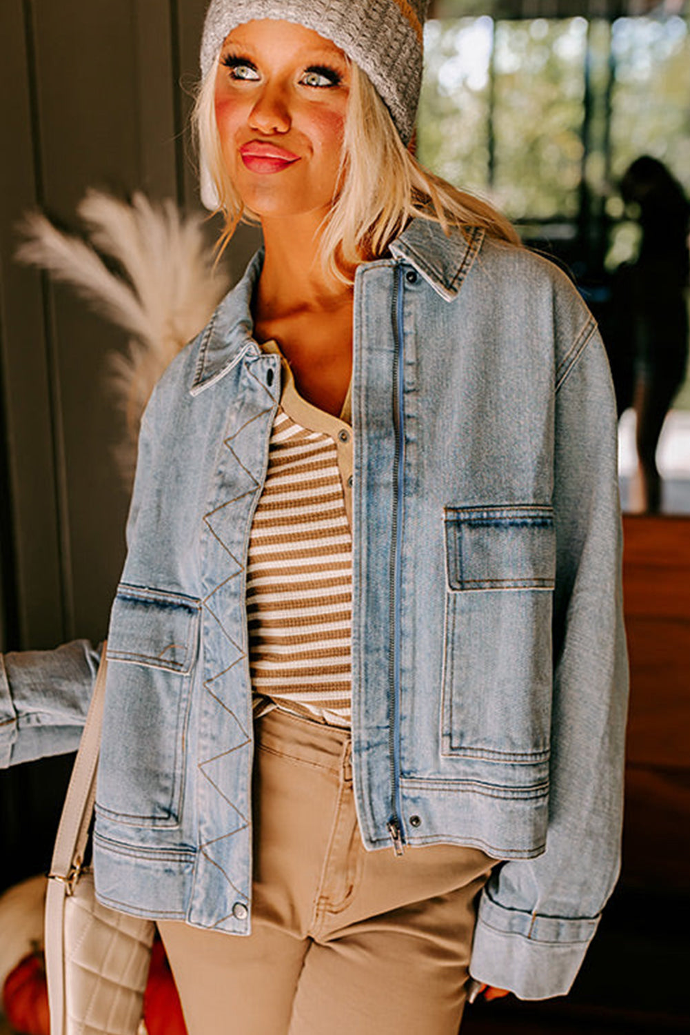 Washed Denim Zip Up Street Style Jacket Beau Blue