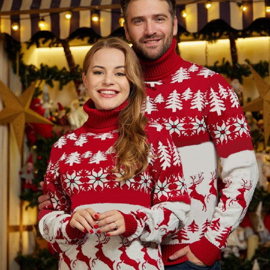 Christmas Theme High Neck Jacquard Couple Sweater Top